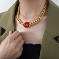 Golden Cuban link necklace featuring a bold rectangular red zircon pendant for women - Gold Red Crystal Necklace (39+5cm)