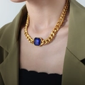 Collana a catena cubana placcata oro con grande ciondolo in zircone blu quadrato - Collana in Cristallo Blu Oro (39+5cm)