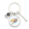 Close-up of artist palette keychain with glass cabochon, brush and crayon charms - Drawing Board & Brush Pattern Style 5 (JY009177-Silver 5)