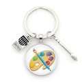 Artistic paint palette keychain with crayon and brush charms on silver ring - Drawing Board & Pen Pattern Style 4 (JY009177-Silver 4)