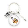 Detailed shot of artist keychain with mini paint brushes and crayons box charms - Drawing Board & Pen Pattern Style 3 (JY009177-Silver 3)