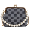Retro plaid metal frame bag with elegant pearl top handle and golden chain strap - Denim Black Grid