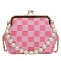 Pink checkered retro frame bag with pearl chain strap and gold hardware clasp - Denim Pink Grid