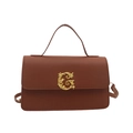 Brown lychee leather tote bag with vintage gold G-buckle and elegant top handle - Brown