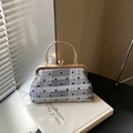 Retro kiss-lock handbag with black and white polka dot lace and bamboo metal handle - Coffee