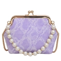 Light purple quilted denim evening bag with pearl handle and golden metal frame clasp - Wide Denim Purple