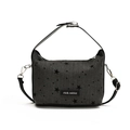 Borsa a pisello in tela grigio scuro con stelle nere, etichetta e manici in pelle - Stella
