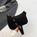 Retro black felt shoulder bag with crocodile texture and gold chain decoration - Black