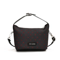 Black fabric handbag with red heart pattern and designer brand label on front - Grey With Red Heart