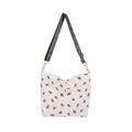 Off-white corduroy tote bag with strawberry prints and ethnic woven shoulder strap - White