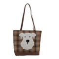 Borsa tote a scacchi marroni con ricamo di cane bianco e manici lunghi in pelle - Cucciolo Bianco