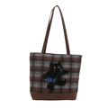 Borsa tote in tela a scacchi con ricamo a gatto nero e fondo in pelle marrone - Gatto