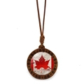 Vintage wooden necklace with Canadian flag maple leaf pendant on brown braided cord - Vintage Distressed Flag Style (JY009151-2)