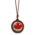 Vintage wooden Canada maple leaf flag pendant necklace with brown braided rope - Cracked Wood Grain Style (JY009151-4)