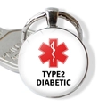 Medical alert keychain with red star and Type 2 Diabetic warning on glass pendant - Type 2 Diabetic
