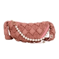 Bolso bandolera acolchado rosa melocotón con elegante cadena de perlas blancas - Rojo Ladrillo