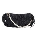 Borsa a nuvola trapuntata nera con catena di perle grandi e tessuto di nylon a pieghe - Nero