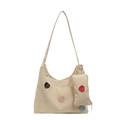 Bolso tote de lona beige con parches de corazones coloridos y pequeño estuche - Caqui