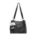 Minimalist black tote bag with gold brand plate and cute cloud plush charm accessory - Black