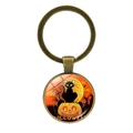 Halloween Kürbis Schlüsselanhänger aus Bronze mit Glas-Edelstein, Mond und schwarzer Katze - Pumpkin Cemetery Design 11 / Bronze