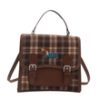 Borsa a tracolla retrò a quadri con finiture in pelle marrone e ricamo bassotto - Blu