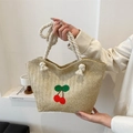 Gewebte Strohtasche mit roter Kirschstickerei und weißen Griffen aus Baumwollseil - Khaki