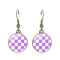 Detail of round checkered drop earrings with purple and white pattern and bronze hook - Purple and White Checkerboard (JY009280-9)