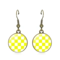 Detail of vintage bronze hoop earrings with yellow and white checkerboard glass dome charm - Yellow and White Checkerboard (JY009280-7)