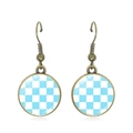 Macro detail of blue and white checkered drop earrings with antique bronze metal hooks - Light Blue and White Checkerboard (JY009280-6)