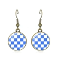 Detail of vintage bronze hook earrings with blue and white checkerboard pattern charm - Blue and White Checkerboard (JY009280-5)