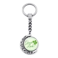 Detailed macro of a rotating lucky four-leaf clover pendant on a silver keychain - Classic Green Good Luck Style (JY009293-8)