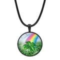Close-up of green four leaf clover pendant with rainbow detail on black woven rope - Fresh Rainbow Blue Sky Clover Style (JY009296-12)