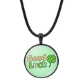 Macro detail of round pendant with green clover, vibrant dots and Good Luck text - Polka Dot Background Lucky Clover Style (JY009296-11)