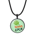 Detailed macro view of a green four-leaf clover pendant with Good Luck text on a black cord - Red and Black Art Text Clover Style (JY009296-10)