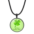 Detail of round glass clover pendant with have a Lucky Day text and black woven cord - Lucky Day Gradient Clover Style (JY009296-9)