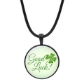 Green four-leaf clover pendant necklace with Good Luck text on a black cord - Cursive Blessing Clover Style (JY009296-8)