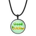 Close-up of Good Luck pendant with green shamrock and horseshoe symbols on black cord - St. Patrick's Hat and Horseshoe Style (JY009296-7)