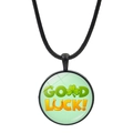 Detail of round Good Luck pendant with green four-leaf clover and horseshoe motifs - Lucky Horseshoe Clover Style (JY009296-6)