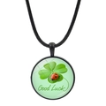 Good Luck necklace with green four-leaf clover and ladybug on a round pendant - Four-leaf Clover and Ladybug Style (JY009296-1)