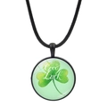 Green four-leaf clover pendant necklace with Good Luck text on a black woven cord - Fresh Green Grass Clover Style (JY009296-5)