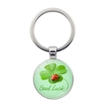 Lucky four-leaf clover and ladybug glass keychain with Good Luck text on white background - Four-Leaf Clover and Ladybug Style