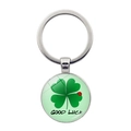 Silver keyring with green four-leaf clover, ladybug design and Good Luck text - Dark Green Clover Style