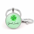 Lucky four-leaf clover keychain with silver ring and green Good Luck glass pendant - Good Luck Four-Leaf Clover Style (Silver 3)