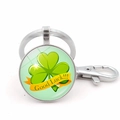 Silver metal keychain with round clover charm and Good Luck message on white background - Green Clover Style (Silver 4)