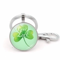 Green four-leaf clover keychain with Good Luck print and silver-tone lobster clasp - Artistic Clover Style (Silver 5)