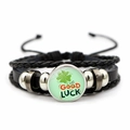Detail of four-leaf clover glass charm on multi-layer braided leather Good Luck bracelet - Classic Good Luck Style (JY009291-10)