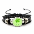 Detail of multi-layer black leather bracelet with four-leaf clover glass pendant and metal beads - Lucky Day Clover Style (JY009291-9)