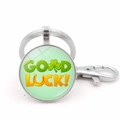 Round silver alloy keychain with green clover and Good Luck text on white background - Horseshoe & Clover Style (Silver 6)
