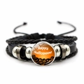 Halloween meerlaagse leren armband met oranje glazen pompoen patch en zilveren kralen - Pompoengroep Stijl (JY009238-6)