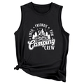 Detail eines schwarzen Camping-Tops mit Fires Friends Fun Text und modischem Seitenknoten - S / Schwarz (Weiße Schrift)